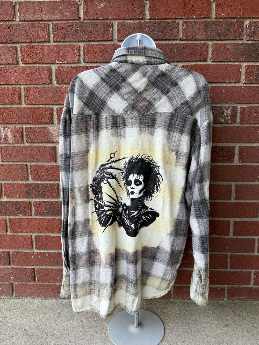 Beige Gray Plaid Long-Sleeve Flannel Shirt with Gothic Scissorhand Graphic